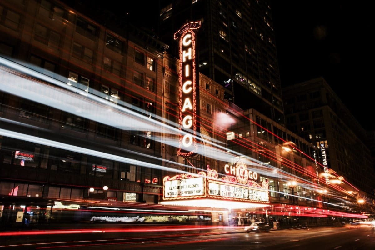 long exposure of Chicago theater at night time